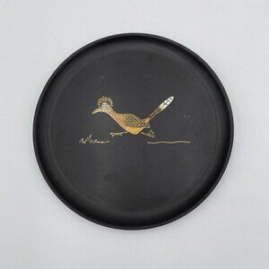 Vintage Couroc MCM Monterey 10” Plate Road Runner Bird Black Inlaid